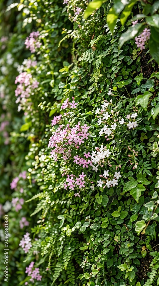 Obraz premium Blooming lilac flowers on dense vertical garden wall with lush green foliage