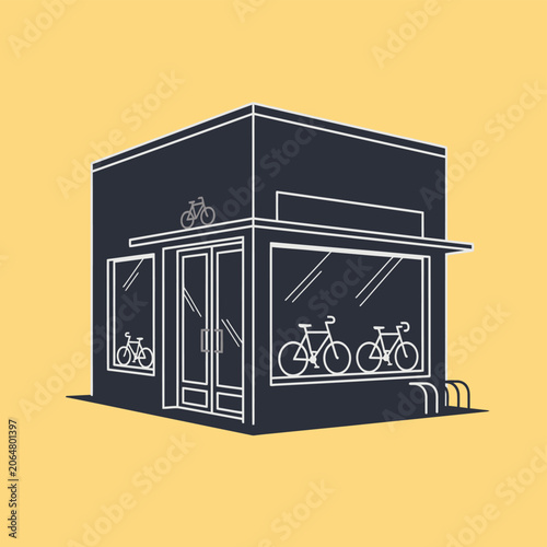 Modern Bicycle Shop Facade Icon, Minimalist Design, Yellow Background