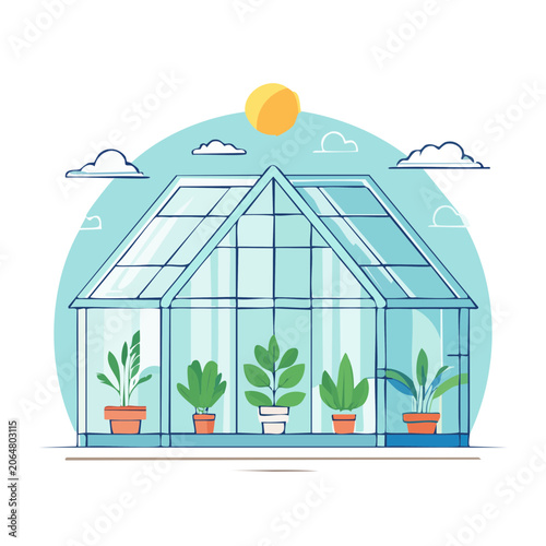Flat design illustration of a greenhouse with plants
