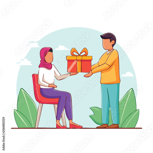 Flat design illustration of gift exchange between man and woman