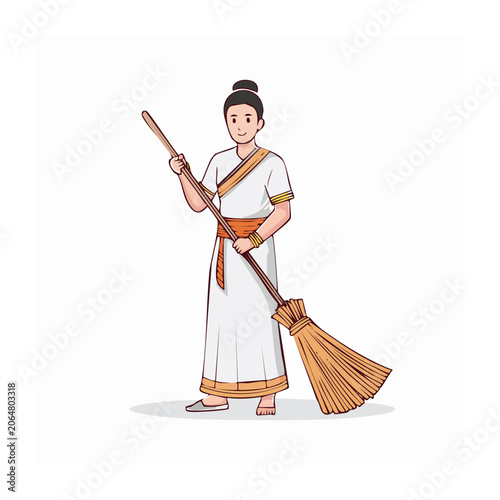 Woman in traditional saree holding a broom