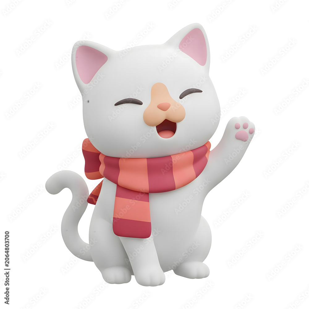 Fototapeta premium Cute 3D white cat wearing a scarf waving hello