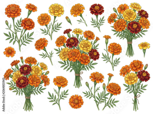 Vibrant orange and yellow marigold flowers in full bloom on white background
