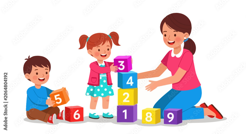 Obraz premium Children, kids, playing, blocks, educational, learning, development, vector illustration