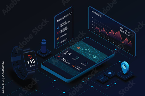 Futuristic Fitness Technology Interface with Smartwatch and Smartphone Displaying Health and Exercise Data in a Digital Environment