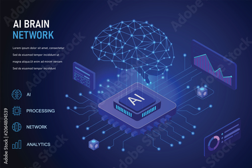 Futuristic AI Brain Network Concept with Digital Interface and Data Analytics Visualization