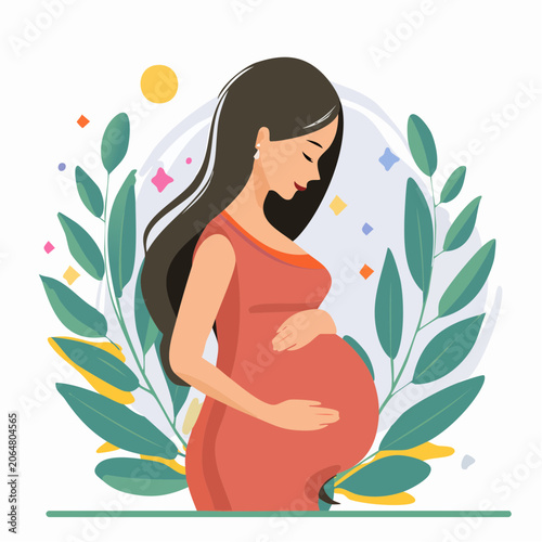 Pregnant Woman Embracing Her Belly with Green Leaves and Confetti