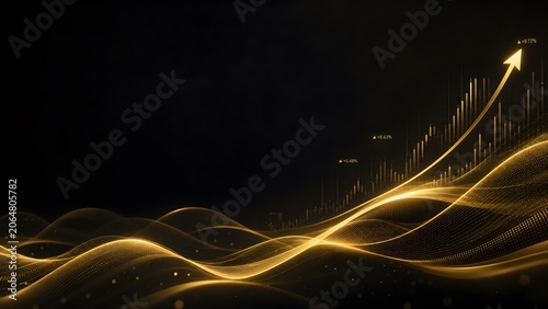 Golden Stock Market Candlestick Chart with Rising Up Arrow and Wave Line Abstract Background