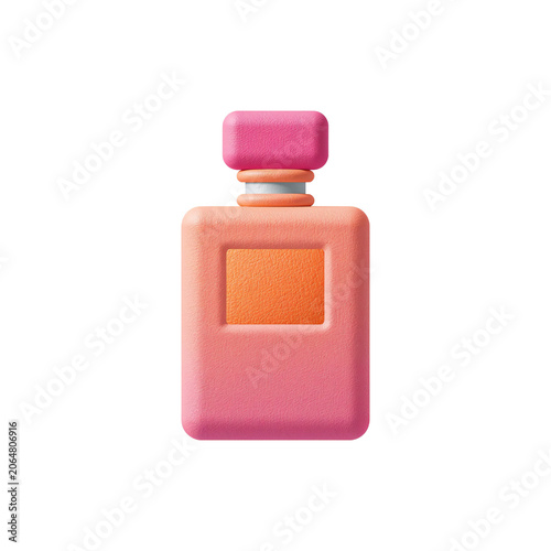 Pink perfume bottle with orange cap on white background isolated on transparent background