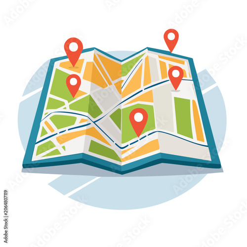 Folded map with red location pins in flat design