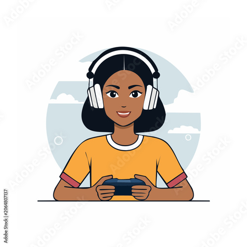 Girl playing video game with headphones and controller