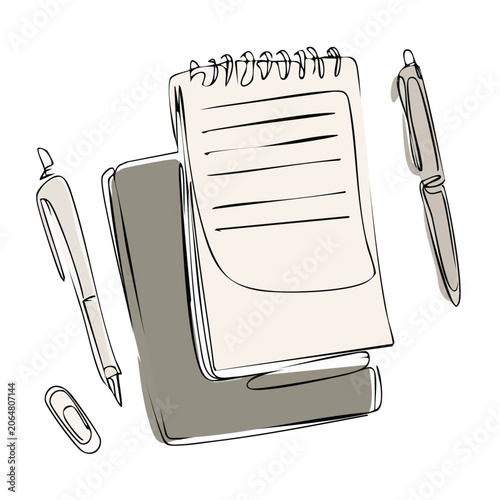 Line art illustration of notebook and pens on white background