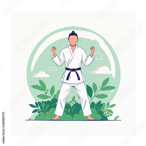 Karate fighter in fighting stance with nature background