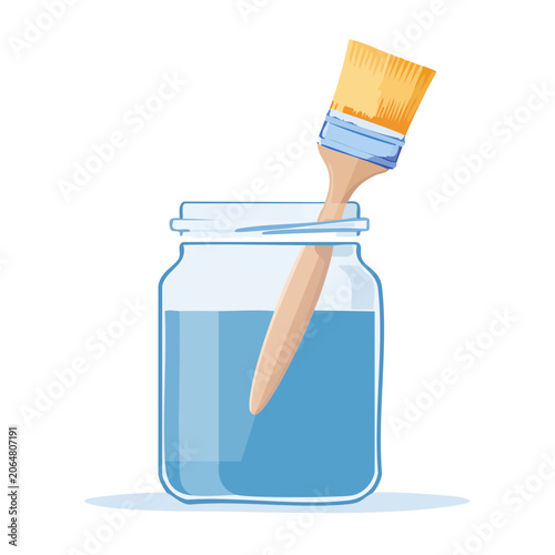 Paintbrush in a jar of blue paint, flat illustration