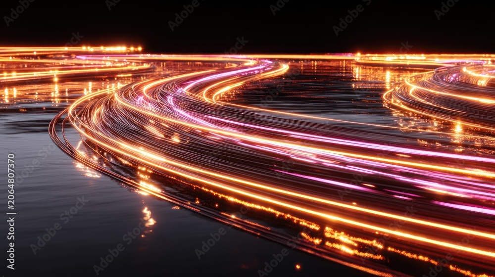 Fototapeta premium Illuminated digital streams move rapidly across a dark, reflective surface.