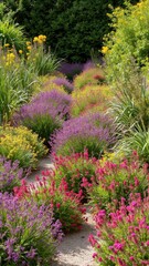 A pathway winding through a colorful garden border with various flowers and plants.