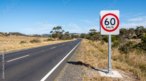 A single Speed Limit 60 km/h sign beside an empty highway, bright morning sunlight.
