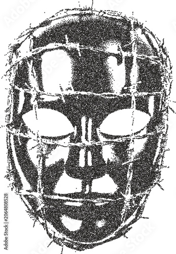 Mask y2k retro stipple art horror brutalist halftone vector png transparent, devil 2000s photocopy effect tattoo aesthetic