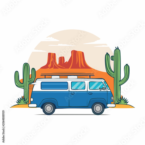 Retro Van in Desert Landscape with Cacti
