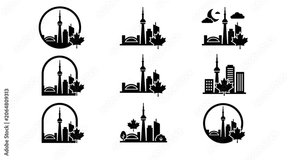 Fototapeta premium Set of Toronto City Skyline Silhouette Icons with Maple Leaf Symbols for Travel Tourism Branding and Canadian Web Design Graphics