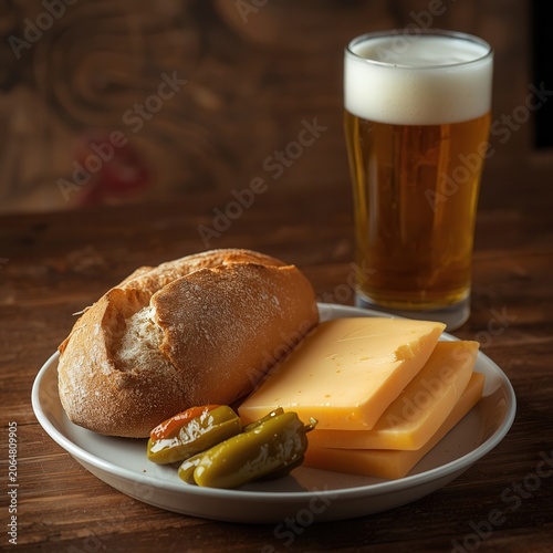 A Pint and a Bite: A refreshing glass of beer with a frothy head sits next to a rustic bread roll, slices of cheese, and pickled peppers on a plate, perfect for a casual snack or a simple meal.