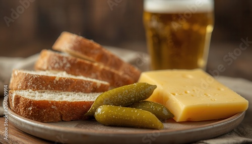 Beer and Bread Snack: A rustic wooden plate holds slices of crusty bread, a block of cheese, and gherkins, accompanied by a pint of frothy beer, a perfect pairing for a simple, satisfying bite.