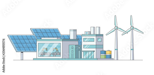 Smart green manufacturing facility powered by solar energy and wind turbines with robotic automation, sustainable production, clean technology, and industrial innovation.