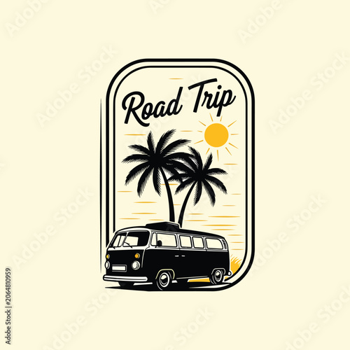 Vintage van illustration with palm trees and sunset for road trip emblem.
