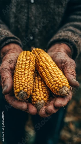A close up view of elderly hands holding three ripe corn cobs, showcasing the texture and color of freshly harvested maize. The image highlights rural life and organic farming traditions