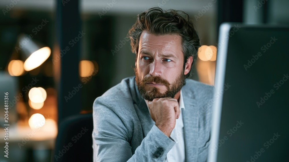 Naklejka premium Businessman Deep in Thought at Desk in Contemporary Office Interior