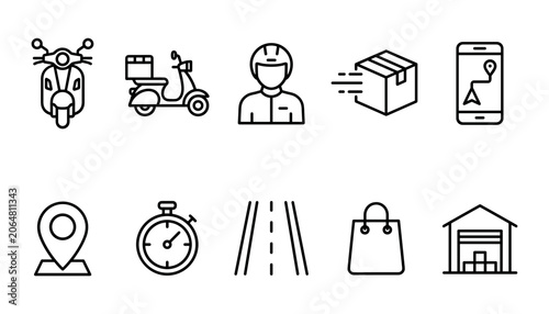 Bild auf Leinwand Delivery icons: scooter rider package map location stopwatch road bag warehouse