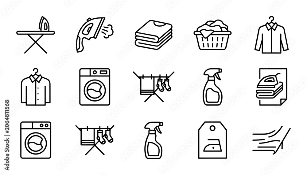 Fototapeta premium Laundry care icons with ironing board steam iron folded clothes basket washing machine and drying rack for household chores