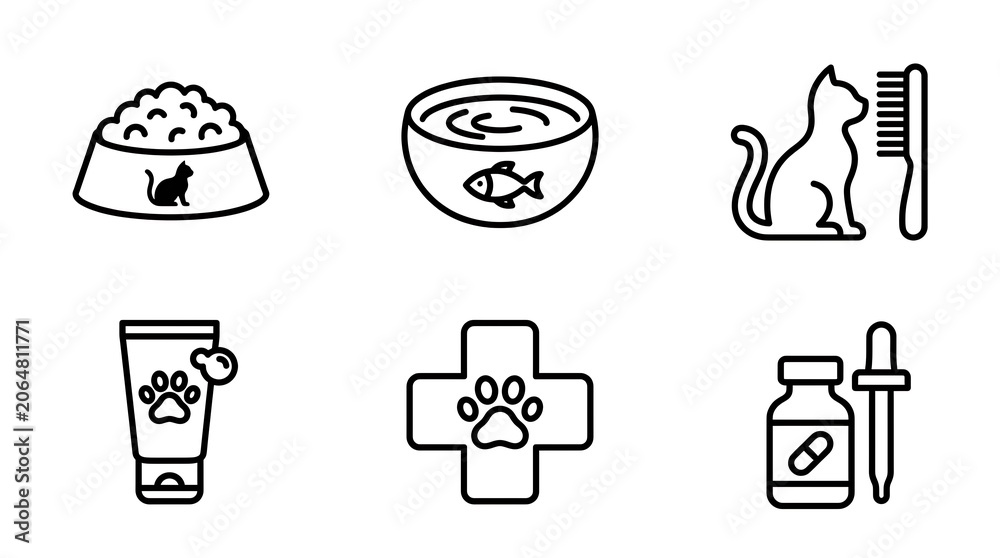Fototapeta premium Cat care icon set with pets and symbols