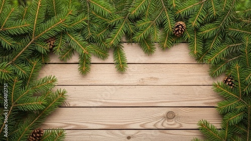 Christmas Tree Branches on Wooden Background.