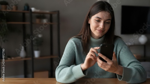 A young woman with long brown hair and a cozy teal sweater is sitting at a wooden table, happily engaged with her smartphone, her fingers gracefully navigating the touchscreen, indoors