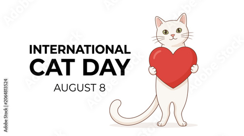 Cute white cat holding a large red heart for International Cat Day.