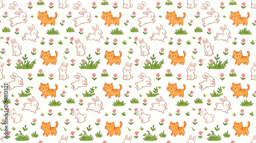 Cute white bunnies and orange cats seamless pattern with green plants.