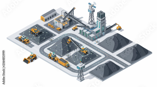 Industrial Coal Mining Operation with Heavy Machinery and Piles of Coal.