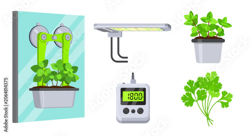 Indoor Hydroponic Garden System Components and Fresh Herbs.