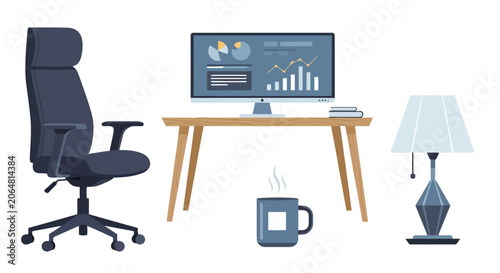 Modern Office Workspace Setup with Computer and Chair.