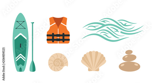 Stand Up Paddleboard Gear and Beach Elements Collection.