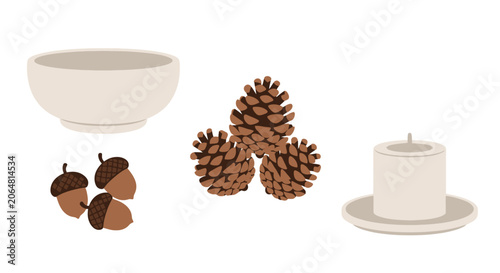 Still life arrangement of natural autumn elements and candle.