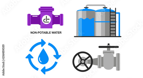 Water infrastructure and recycling symbols illustration.