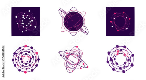 Abstract geometric shapes with interconnected dots and lines representing technology and science concepts.