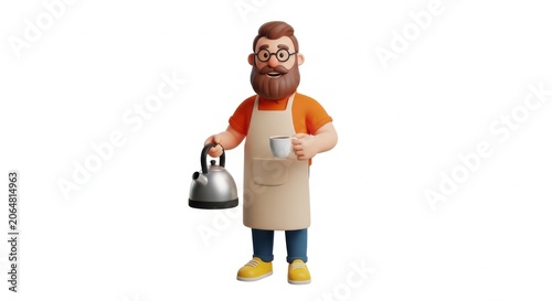 Cheerful chef holding a pot and a spoon