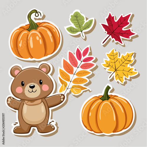 Cute Bear and Autumn Elements Sticker Set