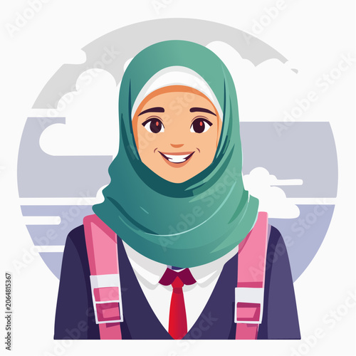 Smiling Muslim Girl Wearing Hijab and School Uniform with Backpack