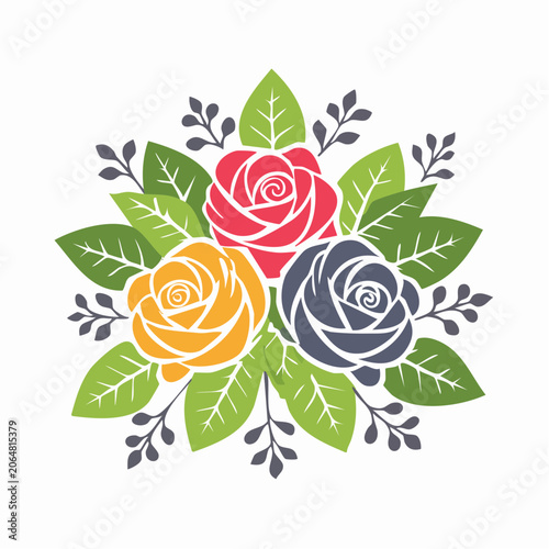 Stylized Bouquet of Three Roses with Leaves