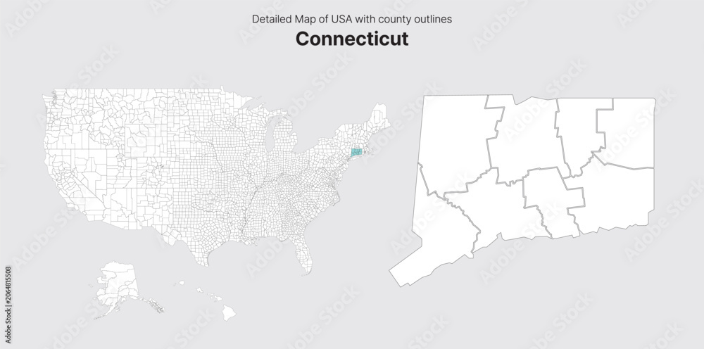 Fototapeta premium Vector US State and County Boundary Map. Connecticut map.