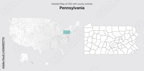 Vector US State and County Boundary Map.
Pennsylvania map.